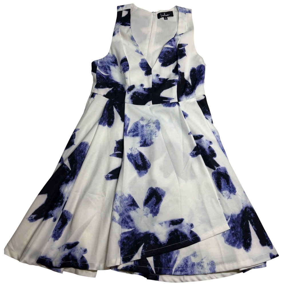 Lulus Fit and Flare Dress Womens Purple White Excellent Floral V-Neck Mini Med